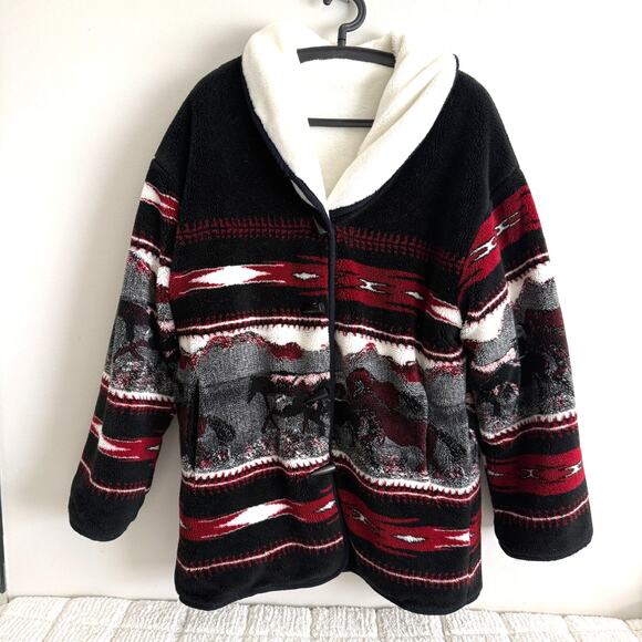Nordic Lights Womens Med Fleece Jacket Coat Aztec Western Horses Cowgirl Barn - Picture 1 of 16